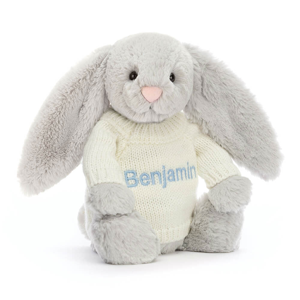 Bashful Silver Bunny with Personalised Cream Jumper