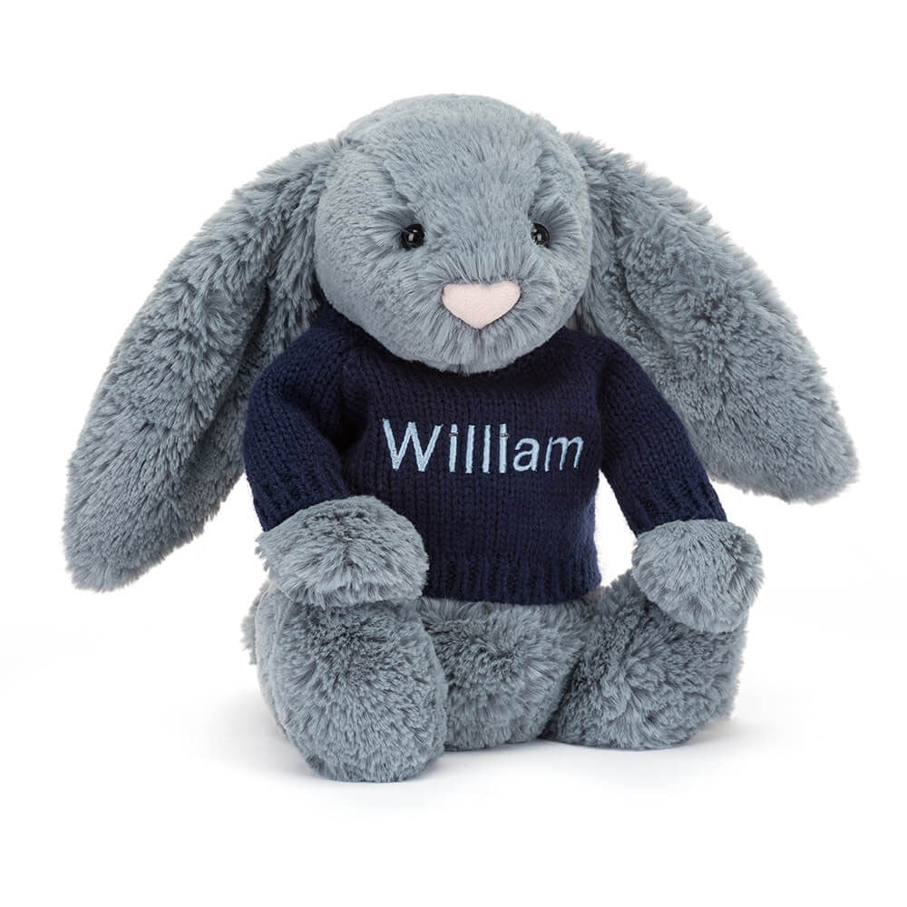 Bashful Dusky Blue Bunny with Personalised Navy Jumper