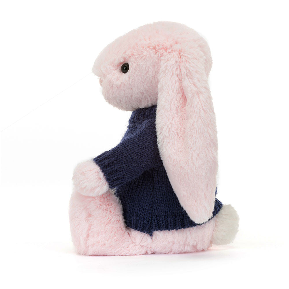 Bashful Pink Bunny with Personalised Navy Jumper