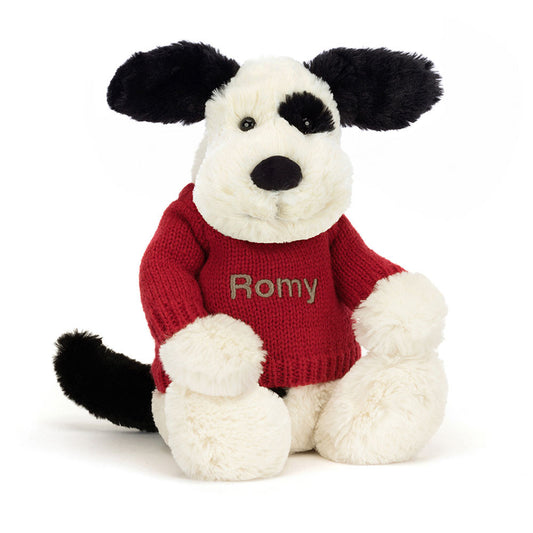 Bashful Black & Cream Puppy with Personalised Red Jumper