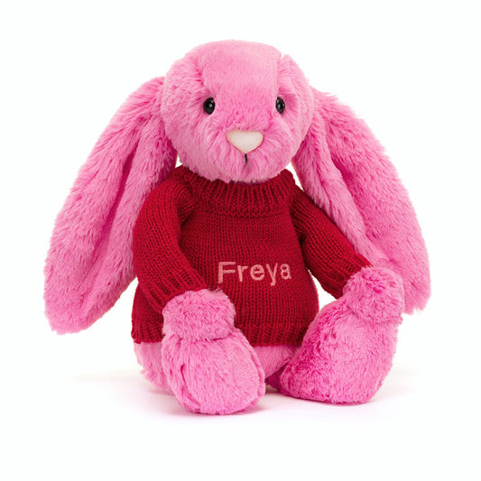 Bashful Hot Pink Bunny with Personalised Red Jumper