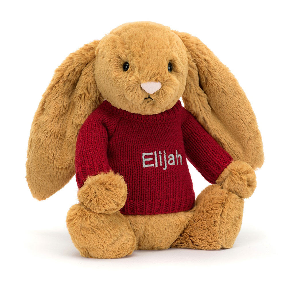 Bashful Golden Bunny with Personalised Red Jumper